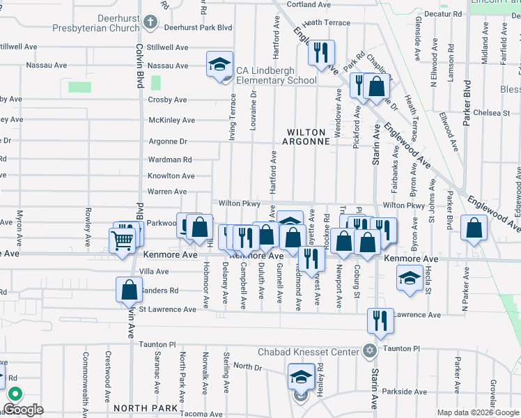 map of restaurants, bars, coffee shops, grocery stores, and more near 52 Hartford Avenue in Buffalo