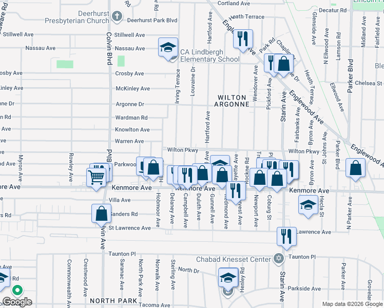 map of restaurants, bars, coffee shops, grocery stores, and more near 51 Fairmount Avenue in Buffalo