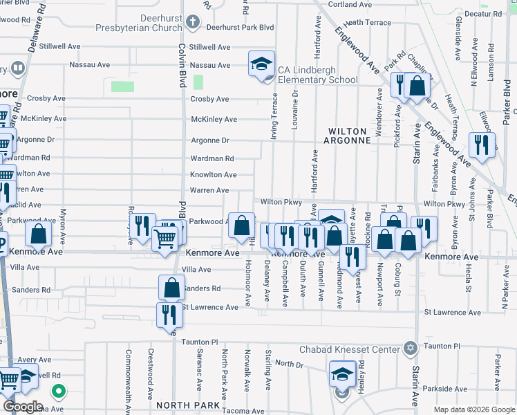 map of restaurants, bars, coffee shops, grocery stores, and more near 48 South Irving Terrace in Buffalo
