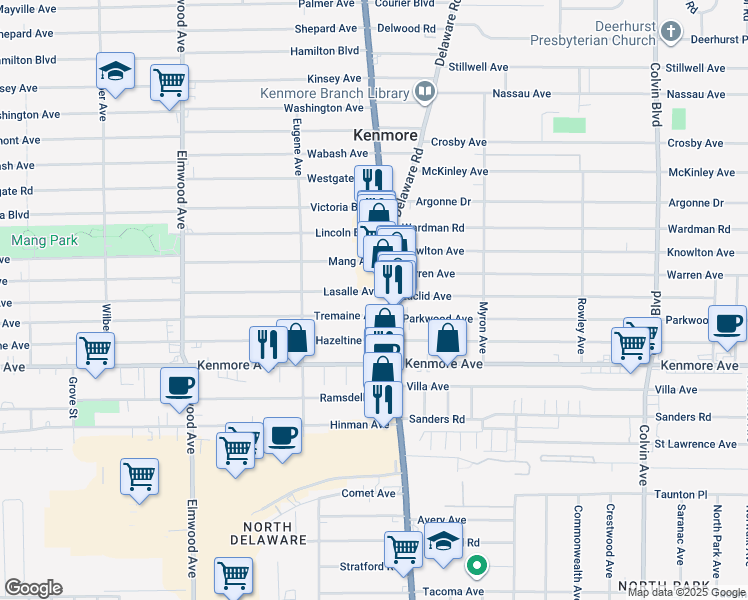 map of restaurants, bars, coffee shops, grocery stores, and more near 2776 Delaware Avenue in Kenmore