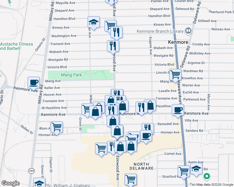 map of restaurants, bars, coffee shops, grocery stores, and more near 250 Tremaine Avenue in Kenmore