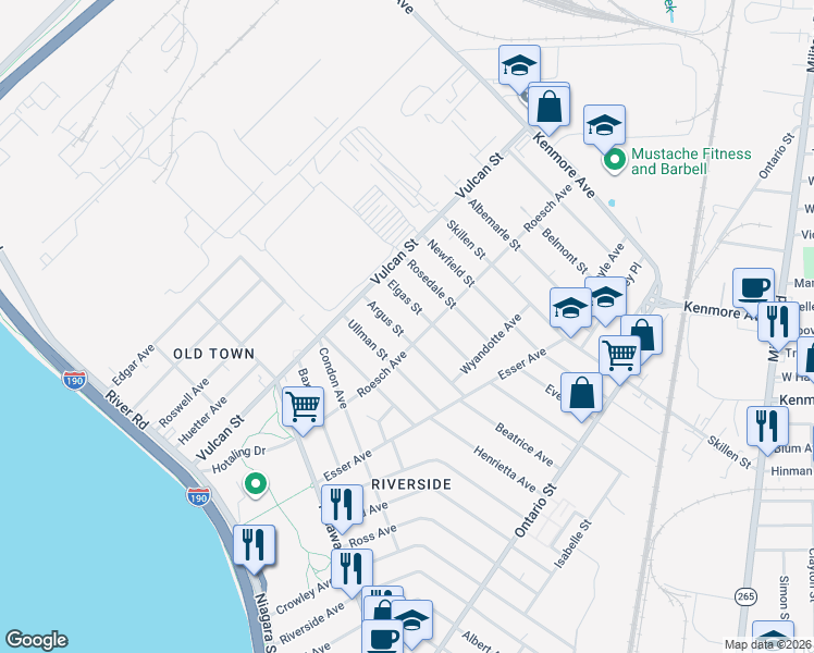 map of restaurants, bars, coffee shops, grocery stores, and more near 191 Roesch Avenue in Buffalo