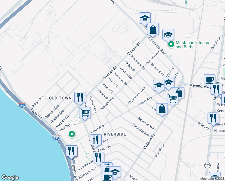 map of restaurants, bars, coffee shops, grocery stores, and more near 191 Roesch Avenue in Buffalo