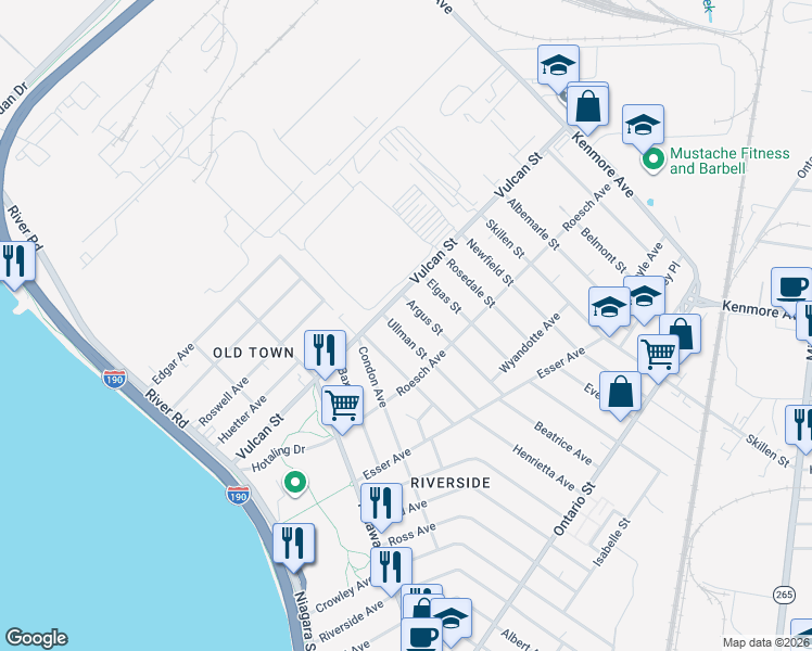 map of restaurants, bars, coffee shops, grocery stores, and more near 87 Ullman Street in Buffalo