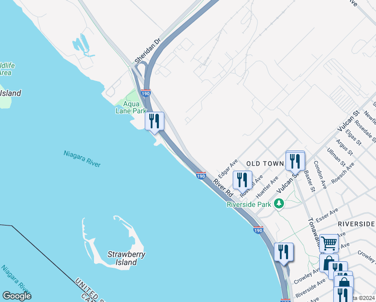 map of restaurants, bars, coffee shops, grocery stores, and more near 1-285 Riverwalk in Tonawanda