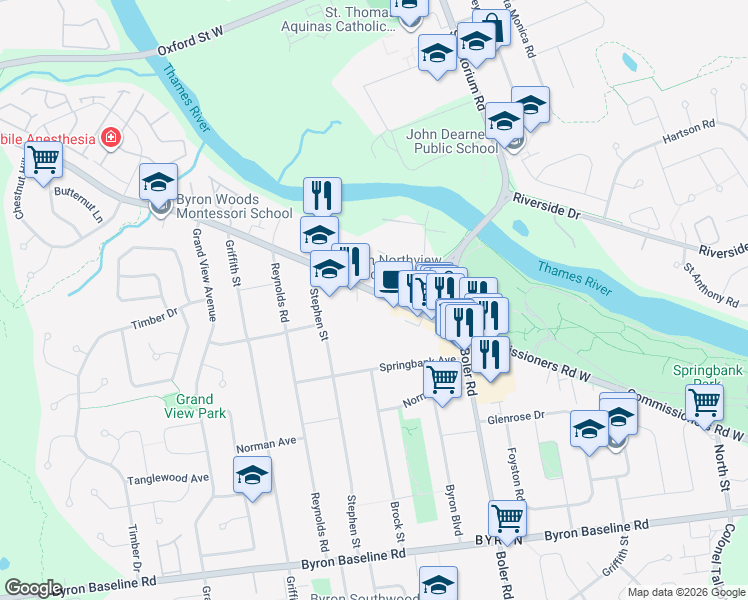 map of restaurants, bars, coffee shops, grocery stores, and more near 1314 Commissioners Road West in London
