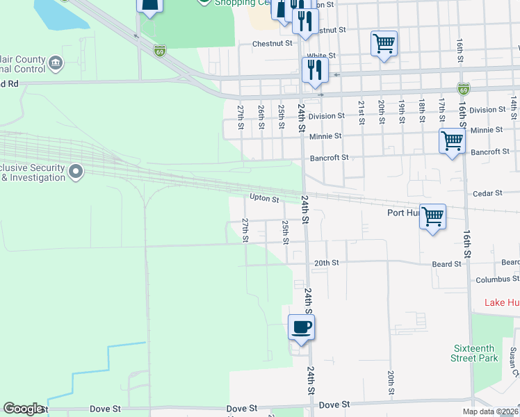 map of restaurants, bars, coffee shops, grocery stores, and more near 2215 26th Street in Port Huron