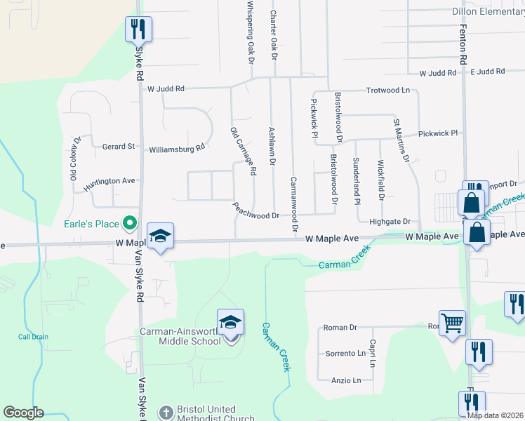 map of restaurants, bars, coffee shops, grocery stores, and more near 1317 Peachwood Drive in Flint
