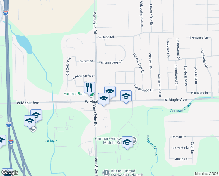 map of restaurants, bars, coffee shops, grocery stores, and more near 1472 West Maple Avenue in Flint