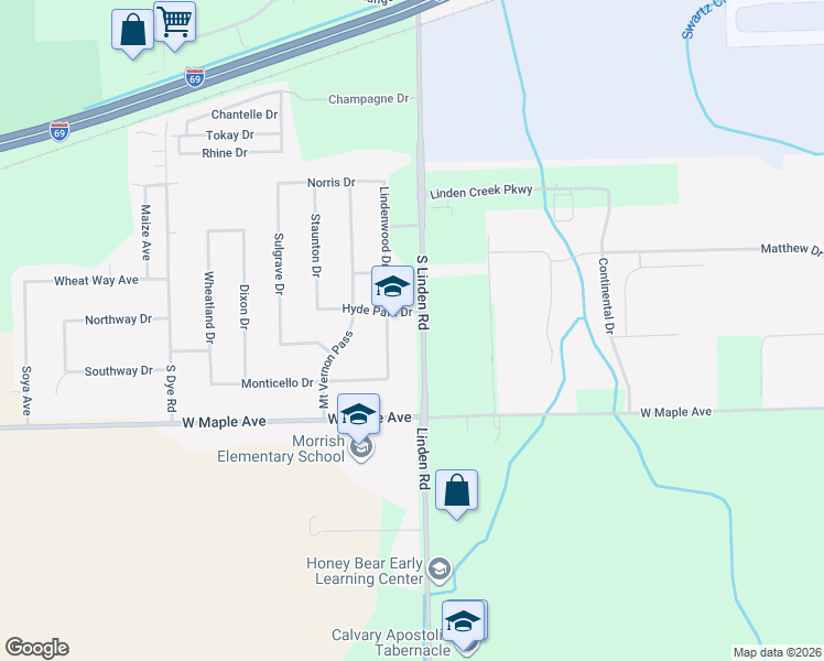 map of restaurants, bars, coffee shops, grocery stores, and more near 4458 Linden Road in Swartz Creek
