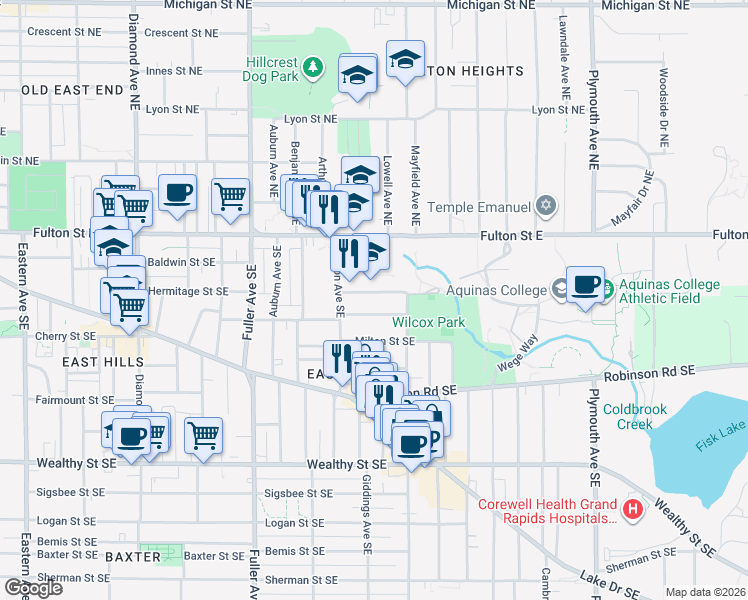 map of restaurants, bars, coffee shops, grocery stores, and more near 1418 Hope Street Southeast in Grand Rapids