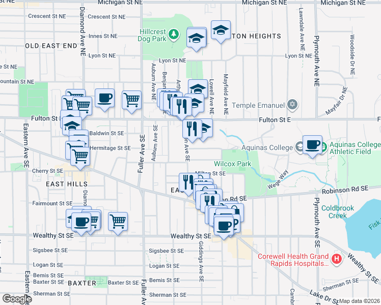 map of restaurants, bars, coffee shops, grocery stores, and more near 1418 Hope Street Southeast in Grand Rapids