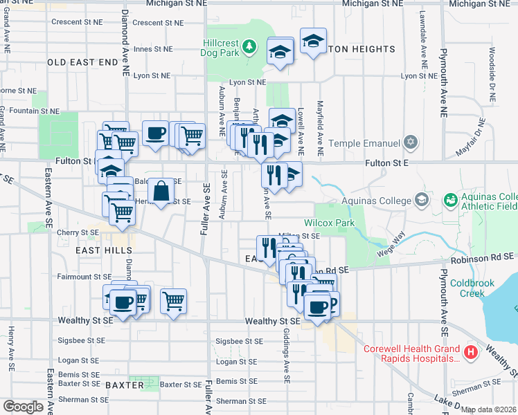 map of restaurants, bars, coffee shops, grocery stores, and more near 1322 Hope Street Southeast in Grand Rapids