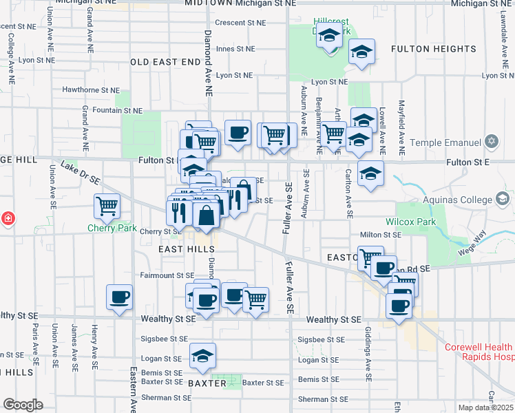 map of restaurants, bars, coffee shops, grocery stores, and more near 131 Fitzhugh Avenue Southeast in Grand Rapids