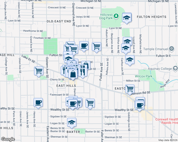 map of restaurants, bars, coffee shops, grocery stores, and more near 1033 Lake Drive Southeast in Grand Rapids
