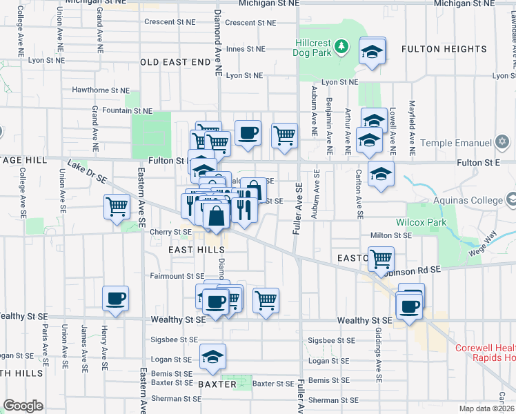 map of restaurants, bars, coffee shops, grocery stores, and more near 1033 Lake Drive Southeast in Grand Rapids