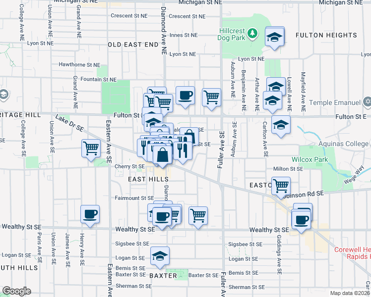 map of restaurants, bars, coffee shops, grocery stores, and more near 1033 Lake Drive Southeast in Grand Rapids