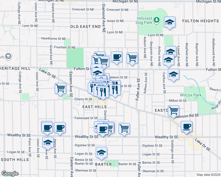 map of restaurants, bars, coffee shops, grocery stores, and more near 1005 Lake Drive Southeast in Grand Rapids