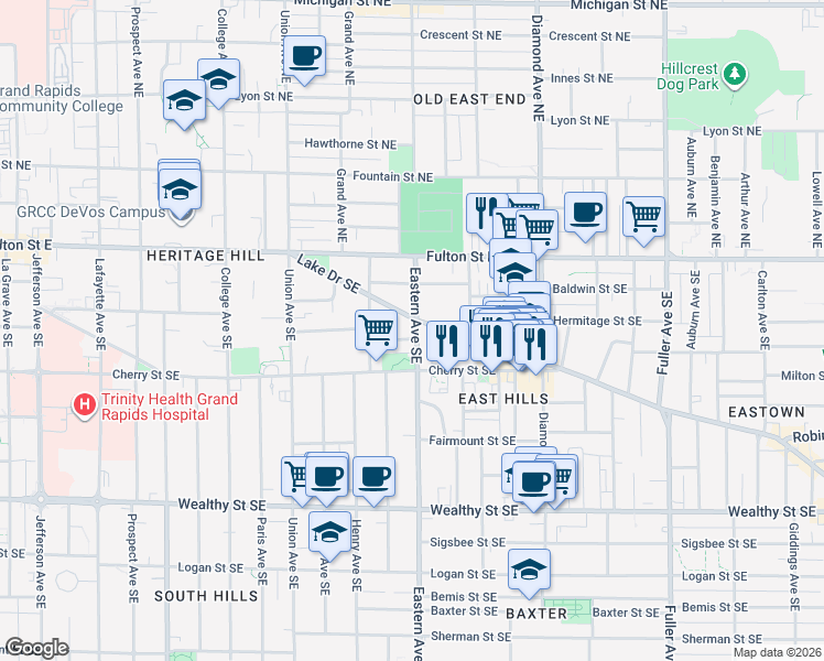 map of restaurants, bars, coffee shops, grocery stores, and more near in Grand Rapids