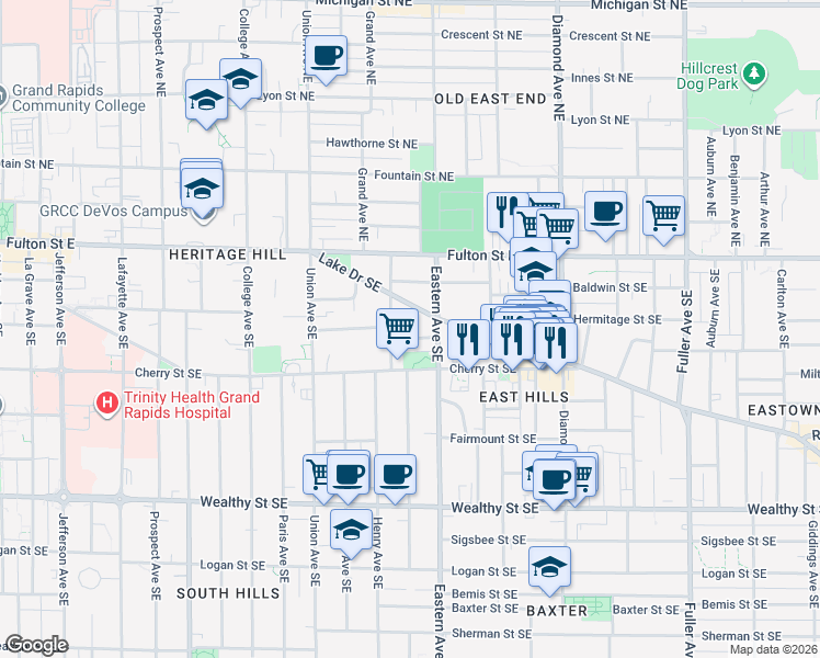 map of restaurants, bars, coffee shops, grocery stores, and more near in Grand Rapids