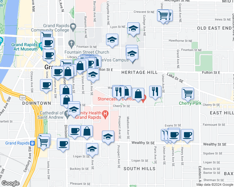 map of restaurants, bars, coffee shops, grocery stores, and more near 340 State Street Southeast in Grand Rapids