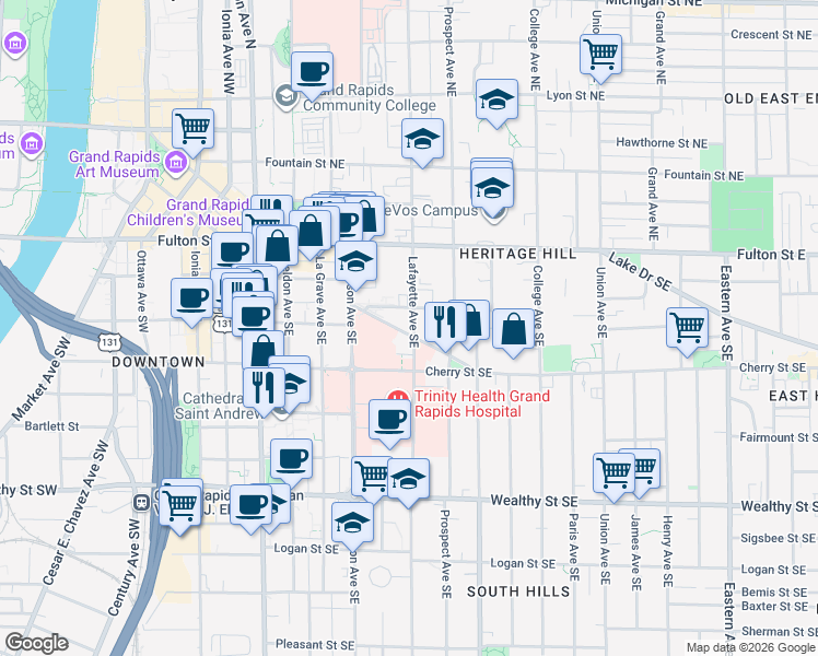 map of restaurants, bars, coffee shops, grocery stores, and more near 311 State Street Southeast in Grand Rapids