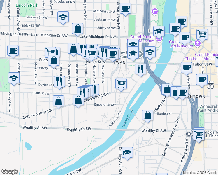 map of restaurants, bars, coffee shops, grocery stores, and more near 651 Butterworth Street Southwest in Grand Rapids