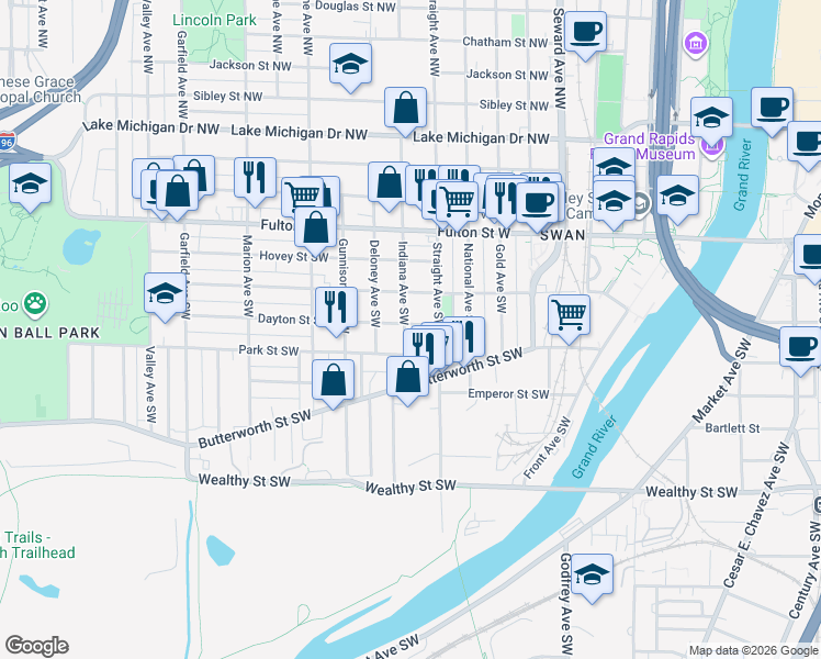 map of restaurants, bars, coffee shops, grocery stores, and more near 157 Indiana Avenue Southwest in Grand Rapids