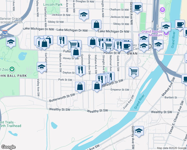 map of restaurants, bars, coffee shops, grocery stores, and more near 157 Indiana Avenue Southwest in Grand Rapids