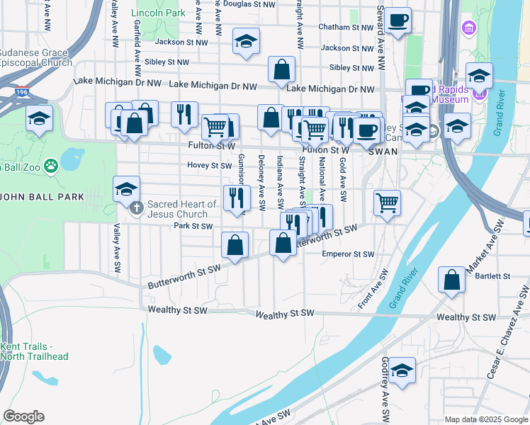 map of restaurants, bars, coffee shops, grocery stores, and more near 157 Indiana Avenue Southwest in Grand Rapids