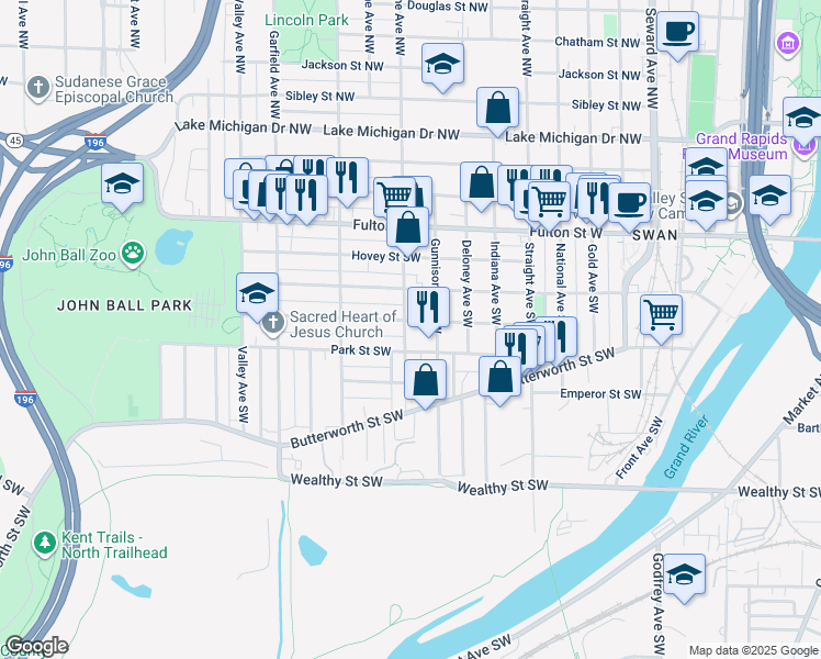 map of restaurants, bars, coffee shops, grocery stores, and more near 951 Park Street Southwest in Grand Rapids