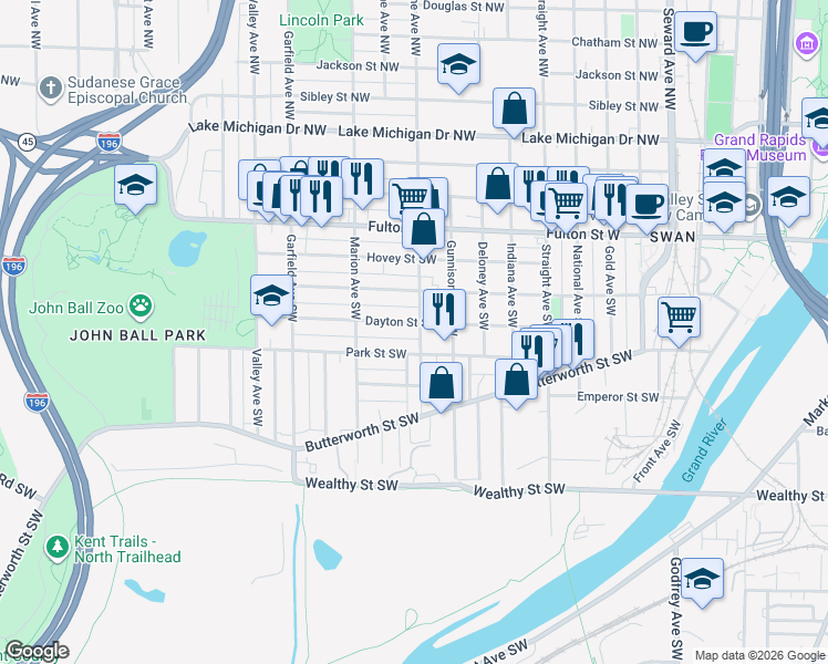 map of restaurants, bars, coffee shops, grocery stores, and more near 951 Park Street Southwest in Grand Rapids