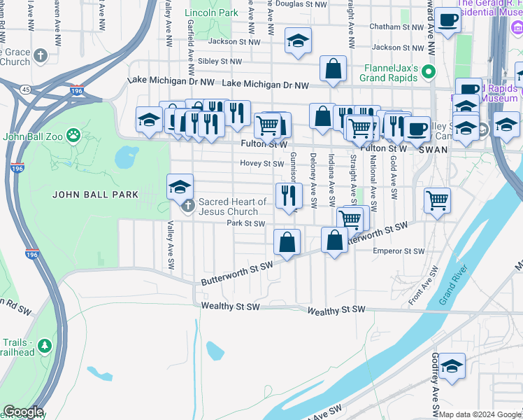 map of restaurants, bars, coffee shops, grocery stores, and more near 1028 Park Street Southwest in Grand Rapids