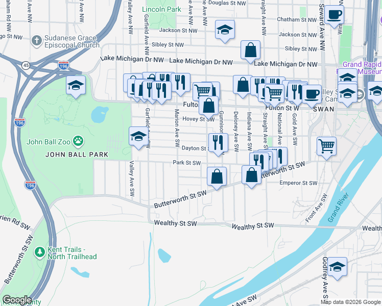 map of restaurants, bars, coffee shops, grocery stores, and more near 1028 Park Street Southwest in Grand Rapids