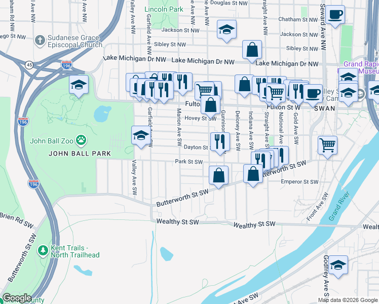 map of restaurants, bars, coffee shops, grocery stores, and more near 1028 Park Street Southwest in Grand Rapids
