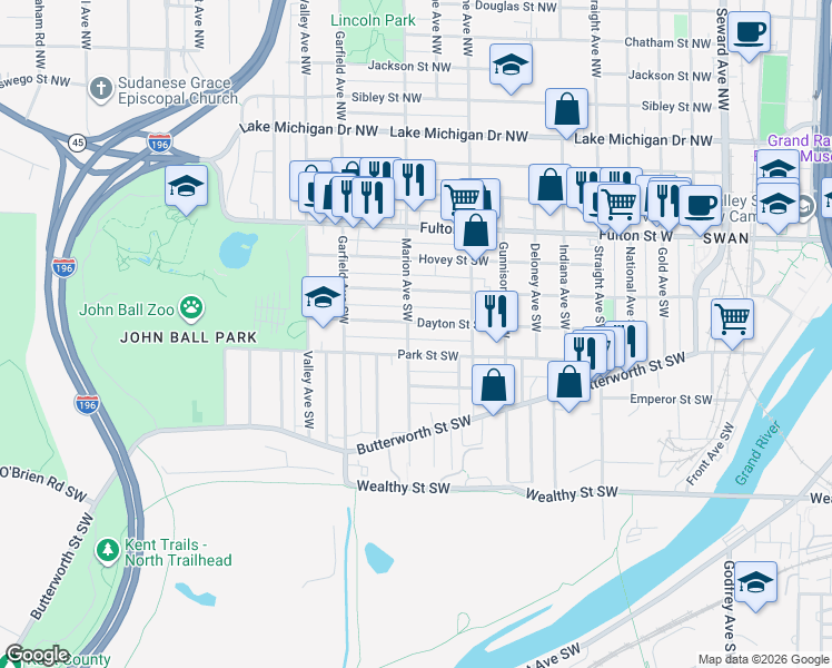 map of restaurants, bars, coffee shops, grocery stores, and more near 1100 Park Street Southwest in Grand Rapids
