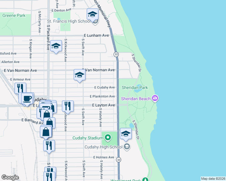map of restaurants, bars, coffee shops, grocery stores, and more near 4647 South Lake Drive in Cudahy