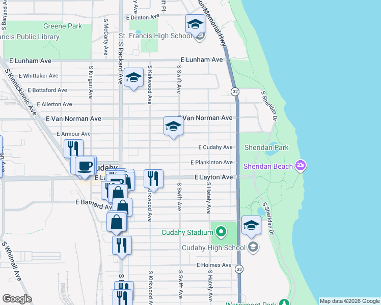 map of restaurants, bars, coffee shops, grocery stores, and more near 3851 East Plankinton Avenue in Cudahy