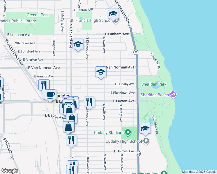 map of restaurants, bars, coffee shops, grocery stores, and more near 4650 South Swift Avenue in Cudahy