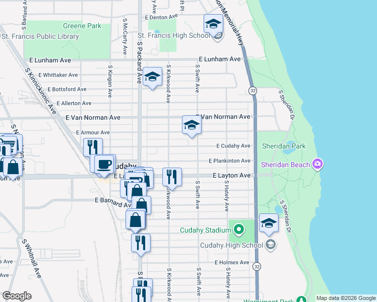 map of restaurants, bars, coffee shops, grocery stores, and more near 3735 East Plankinton Avenue in Cudahy