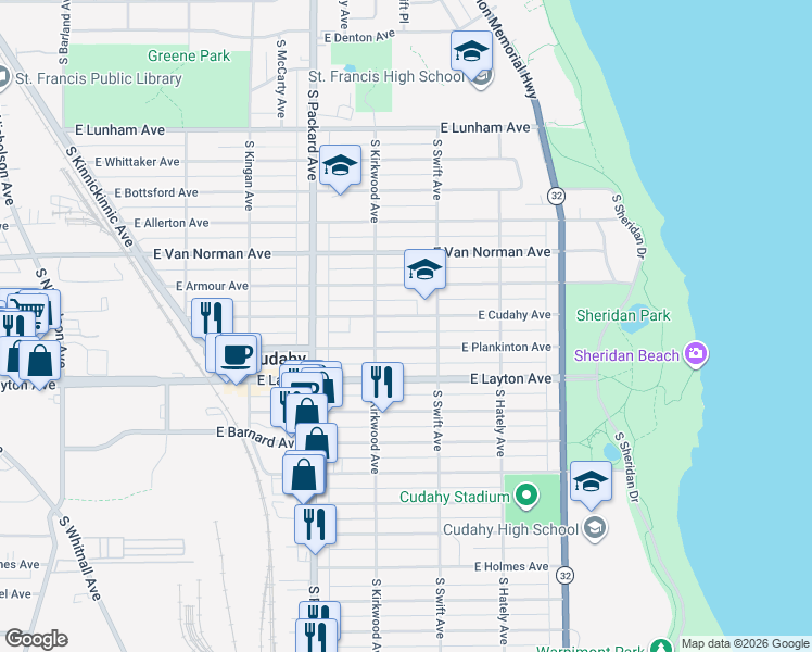 map of restaurants, bars, coffee shops, grocery stores, and more near 3735 East Plankinton Avenue in Cudahy
