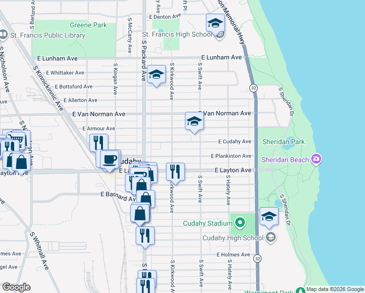 map of restaurants, bars, coffee shops, grocery stores, and more near 3735 East Plankinton Avenue in Cudahy