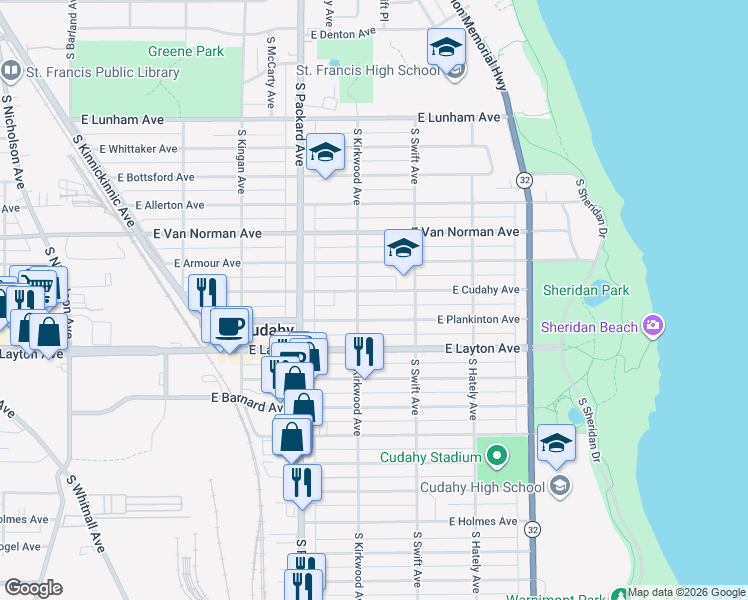 map of restaurants, bars, coffee shops, grocery stores, and more near 3735 East Plankinton Avenue in Cudahy