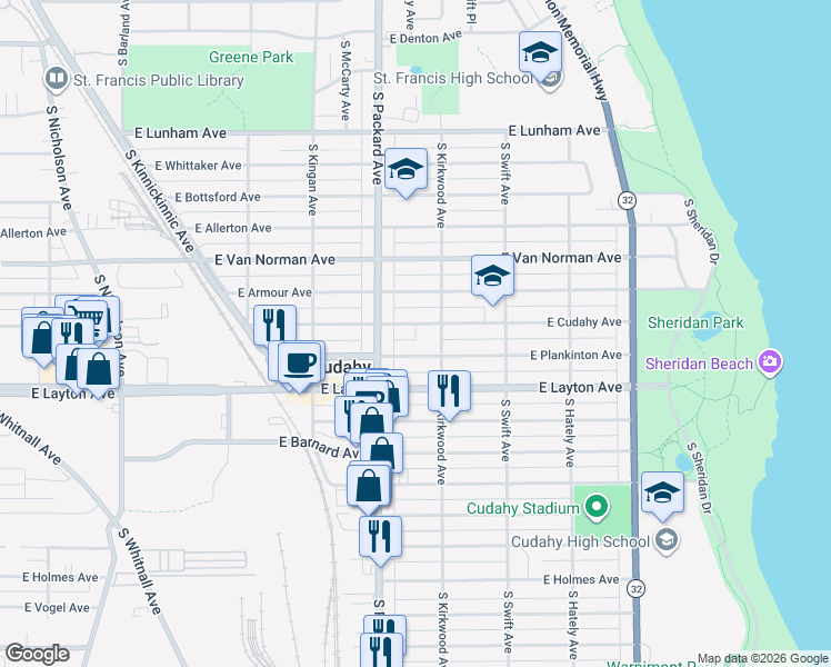 map of restaurants, bars, coffee shops, grocery stores, and more near 3665 East Plankinton Avenue in Cudahy