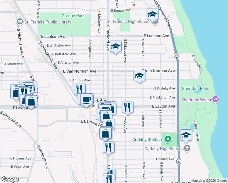 map of restaurants, bars, coffee shops, grocery stores, and more near 3613 East Plankinton Avenue in Cudahy