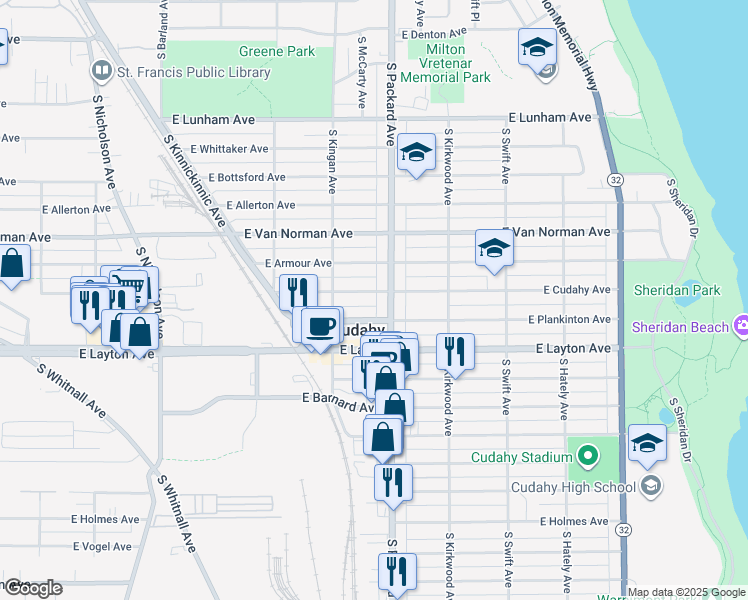 map of restaurants, bars, coffee shops, grocery stores, and more near in Cudahy