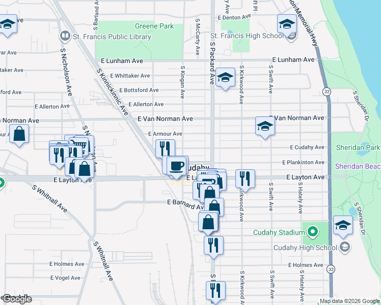 map of restaurants, bars, coffee shops, grocery stores, and more near 3479 State Highway 62 in Cudahy