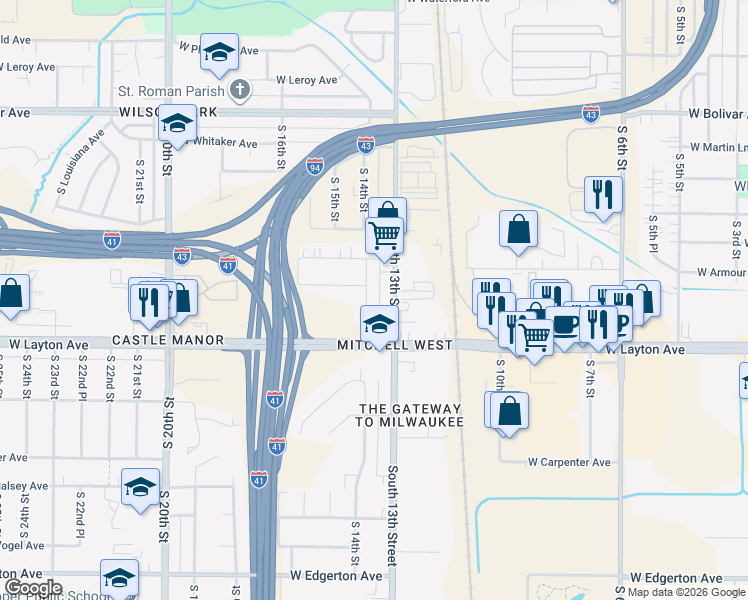 map of restaurants, bars, coffee shops, grocery stores, and more near 4654 South 14th Street in Milwaukee