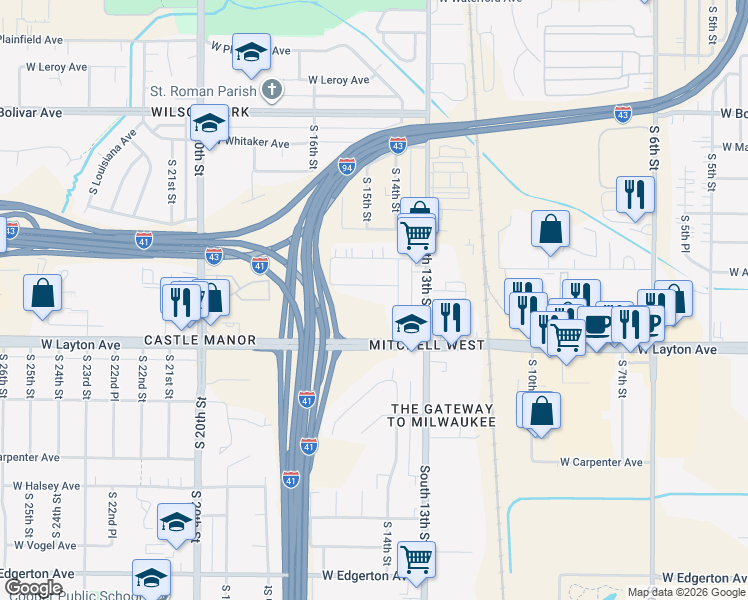map of restaurants, bars, coffee shops, grocery stores, and more near 1560 West Layton Avenue in Milwaukee