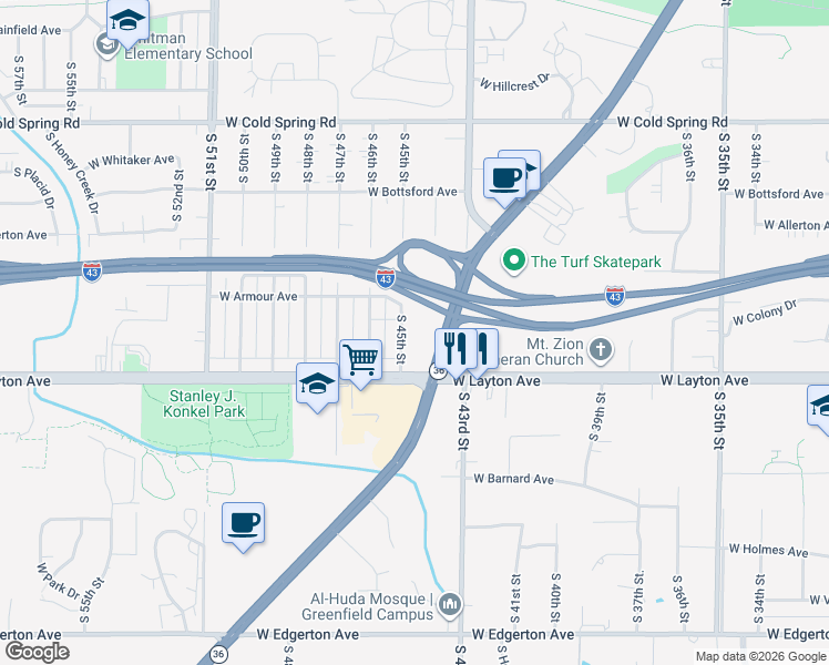 map of restaurants, bars, coffee shops, grocery stores, and more near 4674 South 45th Street in Greenfield